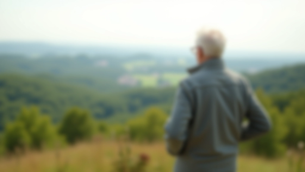 Žmogus žiūri į tolimą gamtovaizdį iš aukšto piliakalnio taško